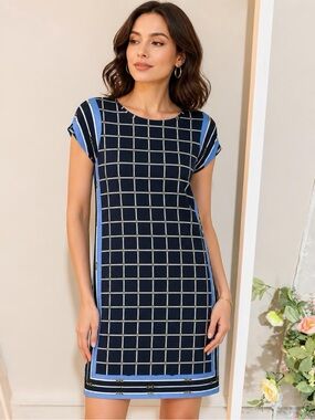 Michael Kors Navy Grid Midi Dress with Light Blue Stripes